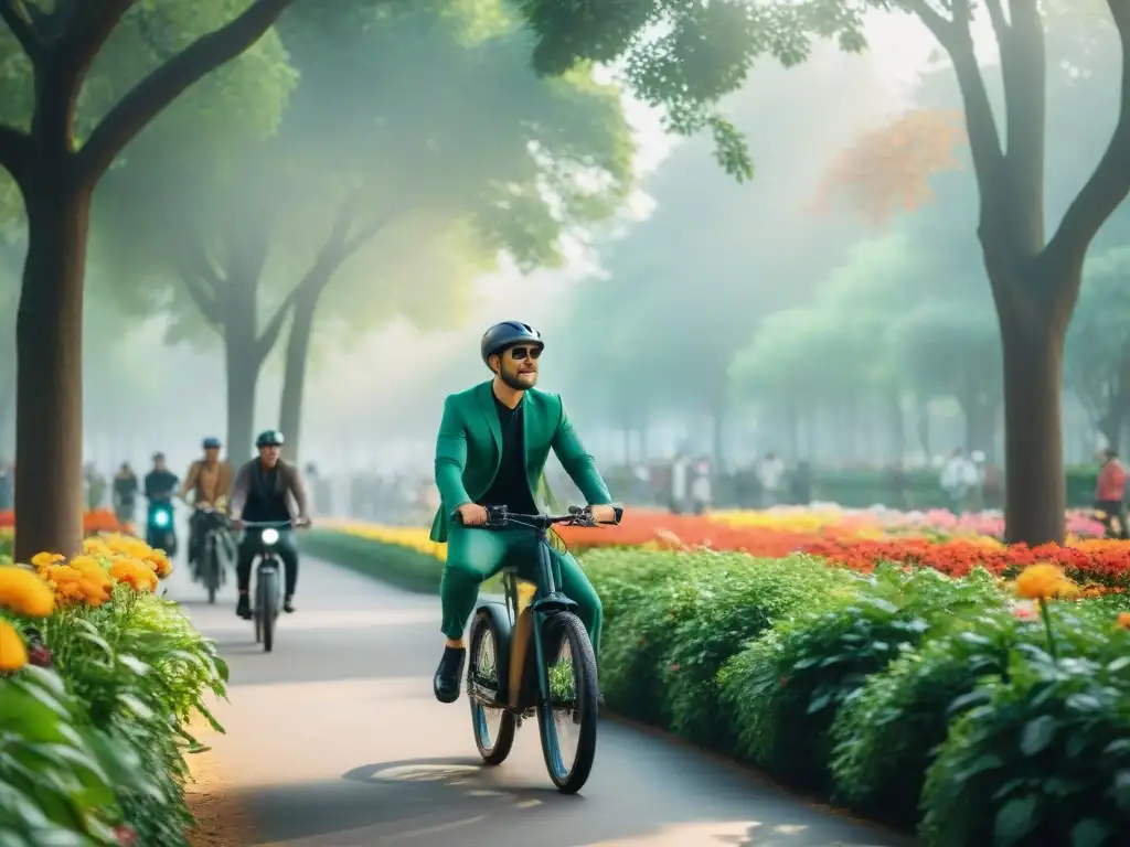 Un día soleado en el parque comunitario, lleno de vida y bicicletas eléctricas en comunidades verdes