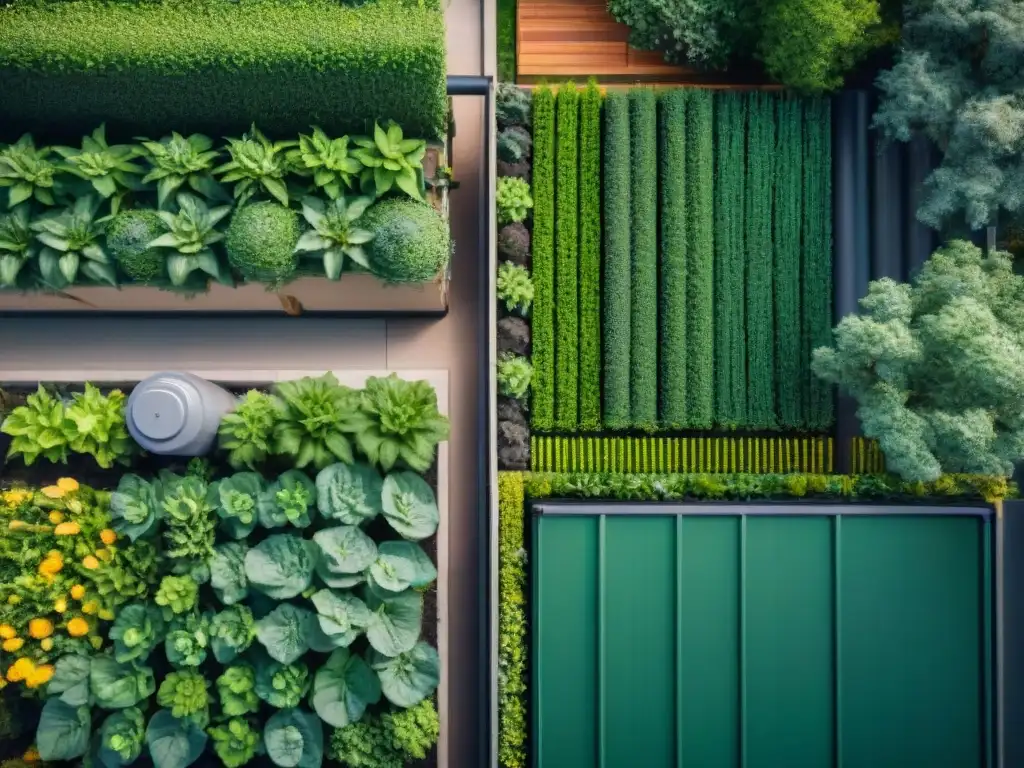 Diseño de jardín con recolección de agua de lluvia integrada en paisaje verde y armonioso