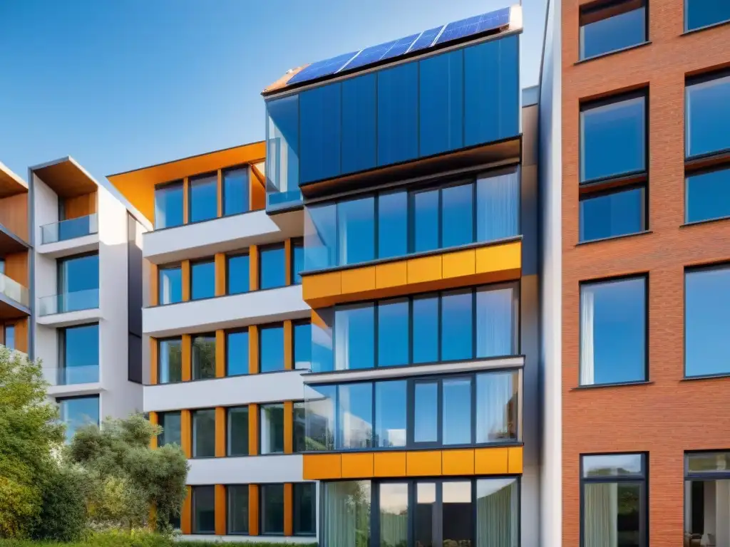 Diseño arquitectónico moderno con integración de paneles solares, un equilibrio perfecto entre tecnología renovable y estética urbana