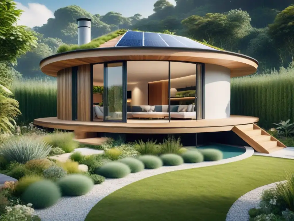 Diseño circular en arquitectura sostenible: casa moderna ecoamigable integrada con la naturaleza