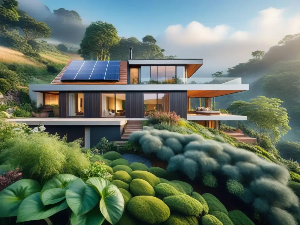 Diseño bioclimático en arquitectura moderna: Casa ecológica rodeada de naturaleza y con ventanales inundados de luz natural