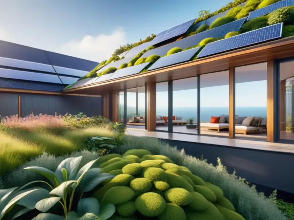 Diseño bioclimático en arquitectura moderna: Edificio ecoamigable integrado con la naturaleza, destacando paneles solares y techos verdes