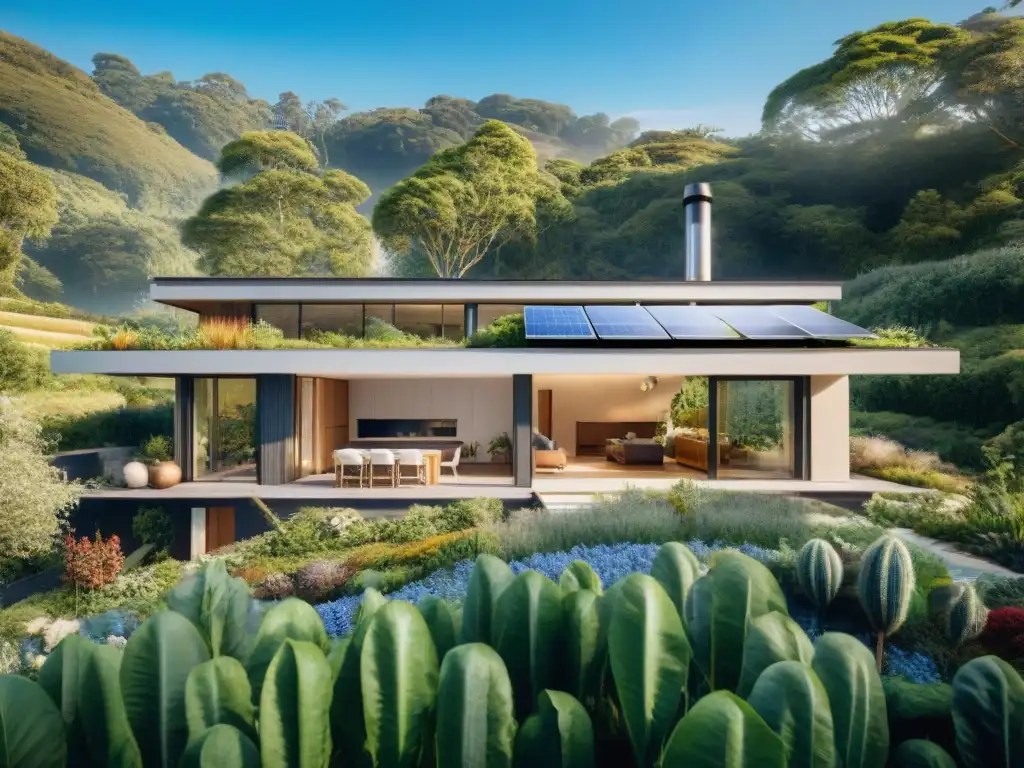 Diseño bioclimático para viviendas sostenibles: casa moderna integrada en paisaje verde y sustentable, con paneles solares y jardín ecológico