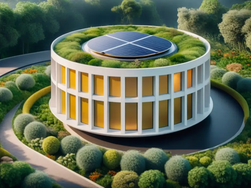 Diseño circular arquitectura sostenible: Edificio ecofriendly rodeado de naturaleza, con personas realizando actividades ecológicas