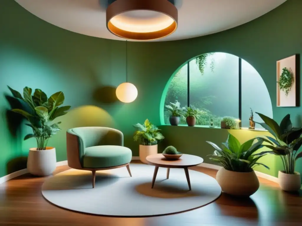 Diseño circular de interiores sostenible: Espacio armonioso con mobiliario reciclado, iluminación eficiente y plantas para purificar el aire