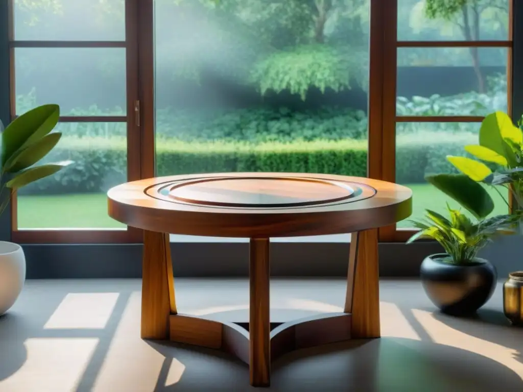 Diseño circular de muebles sostenibles: Mesa de madera tallada rodeada de vegetación y luz natural