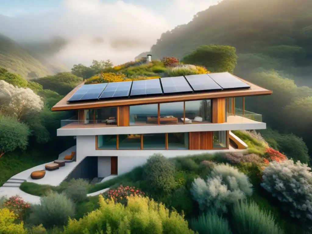 Arquitectura ecoamigable en armonía con la naturaleza Diseño ecológico para arquitectura: edificio sostenible con techo vivo lleno de flores silvestres y paneles solares brillantes