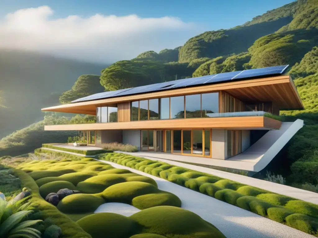 Arquitectura ecológica: diseño innovador integrado en la naturaleza Diseño ecológico para arquitectura: Edificio moderno integrado en un paisaje verde, con techos verdes y materiales sostenibles