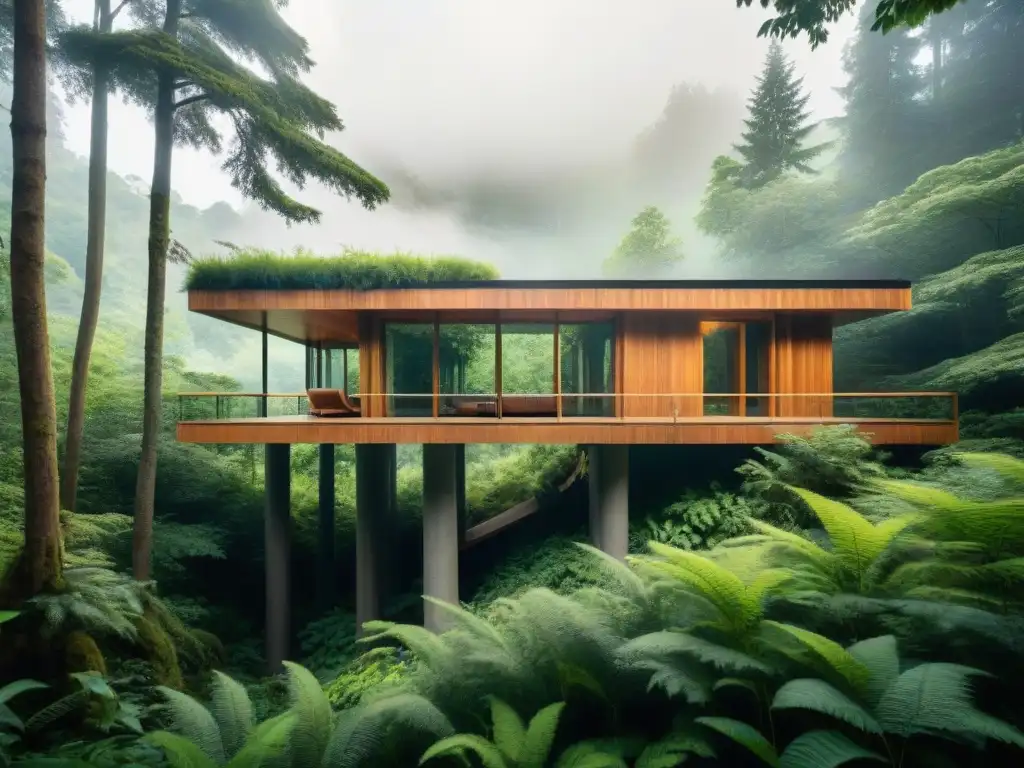 Arquitectura sostenible fusionada con la naturaleza: innovación y armonía Diseño ecológico para arquitectura: Edificación moderna integrada en un exuberante bosque, reflejando innovación y sostenibilidad