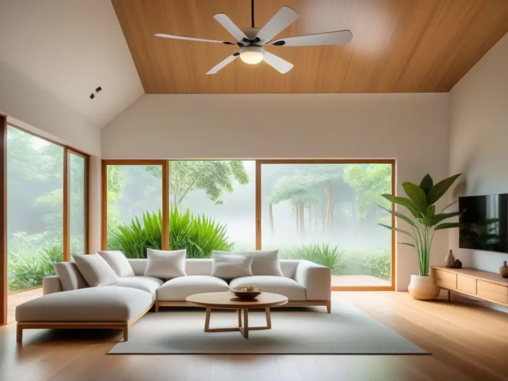 Diseño ecológico con ventilación cruzada, ambiente sereno y luminoso en sala minimalista con plantas verdes y materiales sostenibles