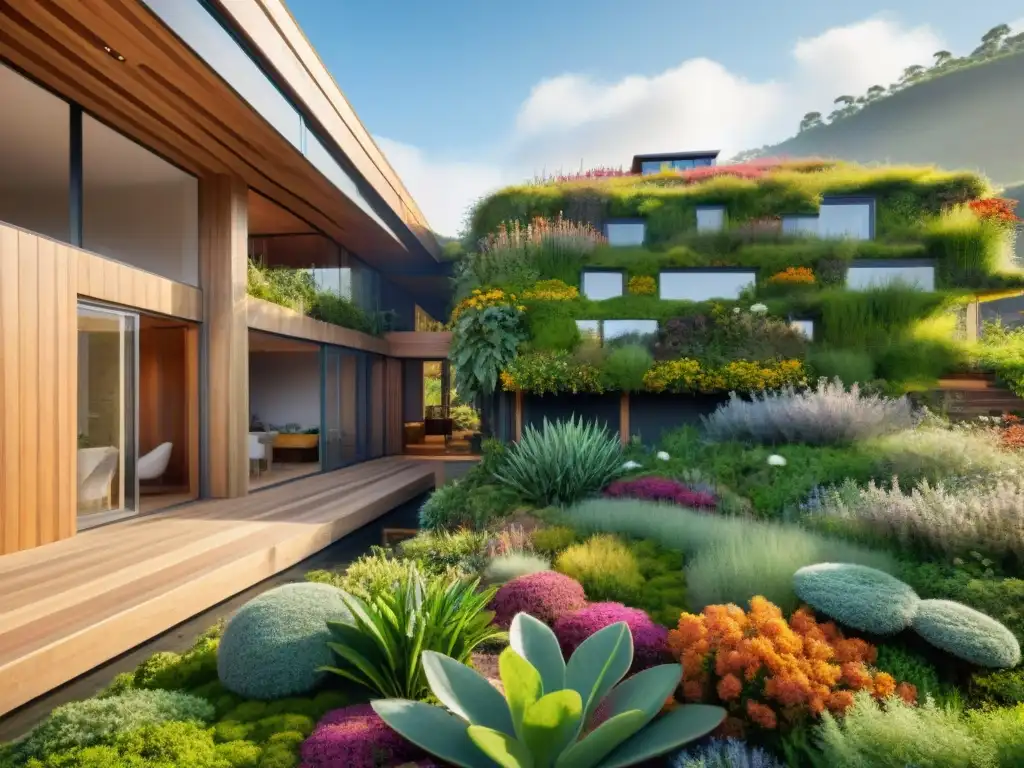 Diseño ecológico permacultura arquitectura: Edificio sostenible con techos verdes, paneles solares y jardines internos exuberantes