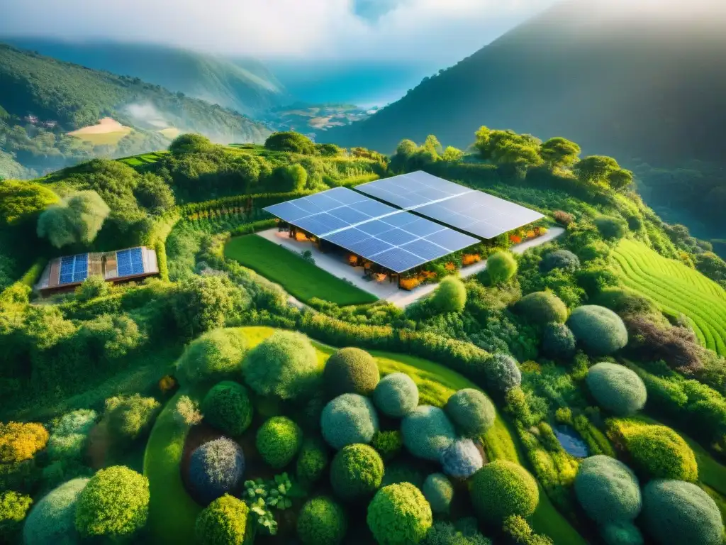 Diseño ecológico permacultura arquitectura: granja sostenible con terrazas verdes, paneles solares y edificios integrados en la naturaleza