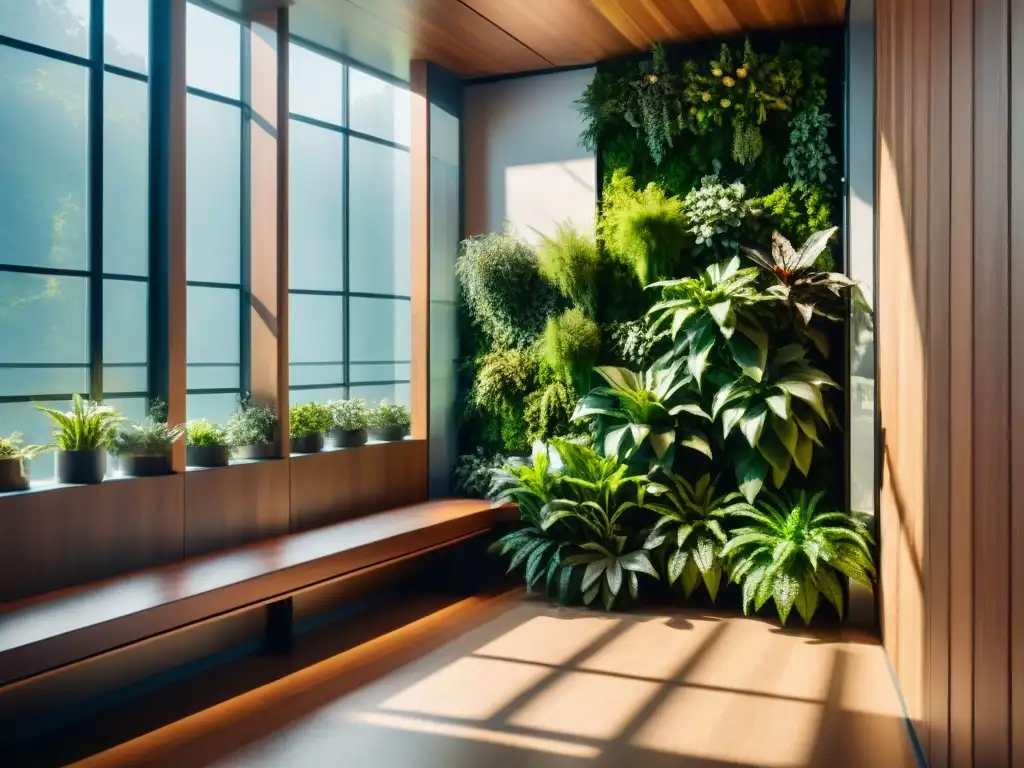 Diseño ecológico para interiores: Espacio moderno inundado de luz natural, con plantas, pared verde y materiales naturales