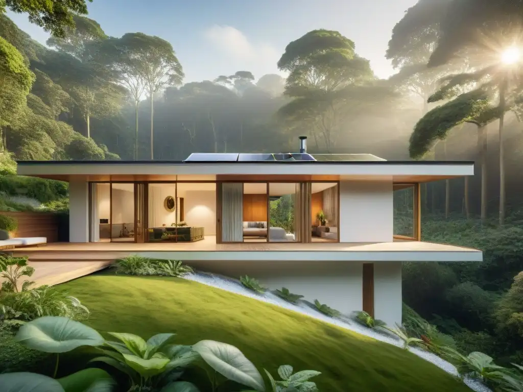 Diseño ecológico para conexión natural: Casa moderna integrada en bosque verde, con paneles solares y techo vivo