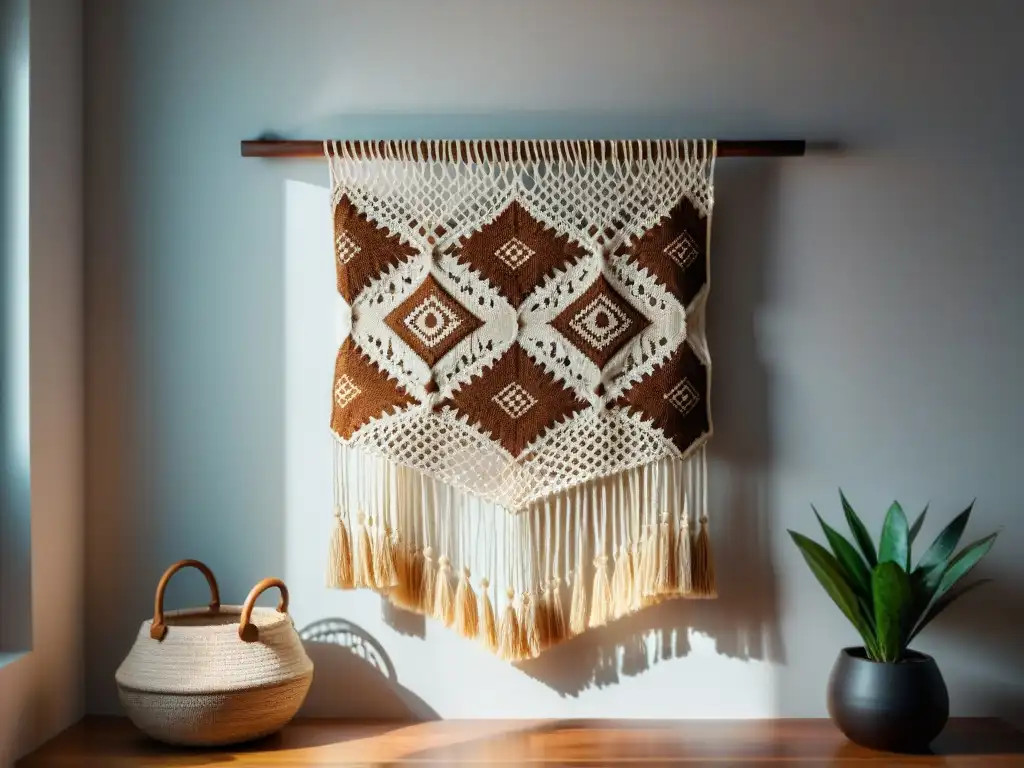 Macramé de diseño geométrico en tonos tierra, destaca artesanías en interiorismo moderno sostenible