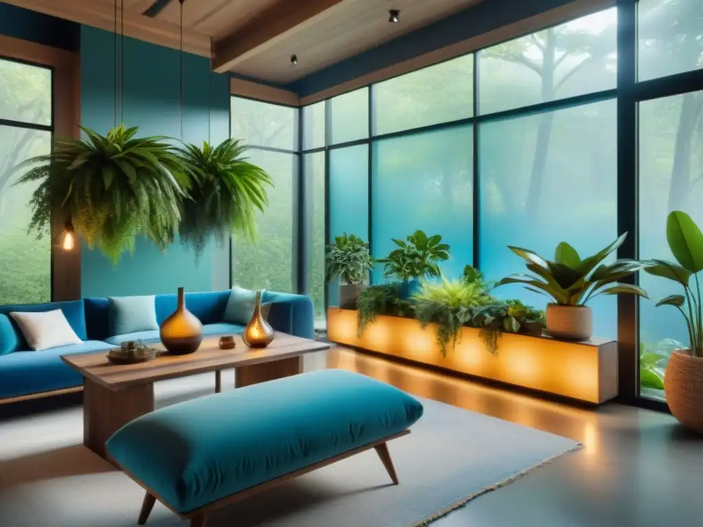 Un diseño interior ecológico y sostenible con materiales naturales y acogedores, iluminación eficiente y plantas exuberantes en tonos verdes y azules