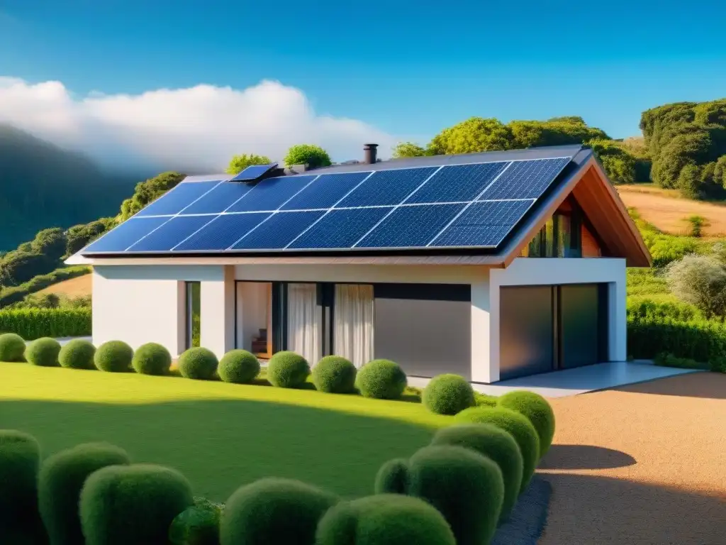 Casa ecológica con paneles solares en entorno natural Diseño moderno de casa ecofriendly con paneles solares relucientes y electrodomésticos eficientes, rodeada de exuberante naturaleza bajo cielo azul