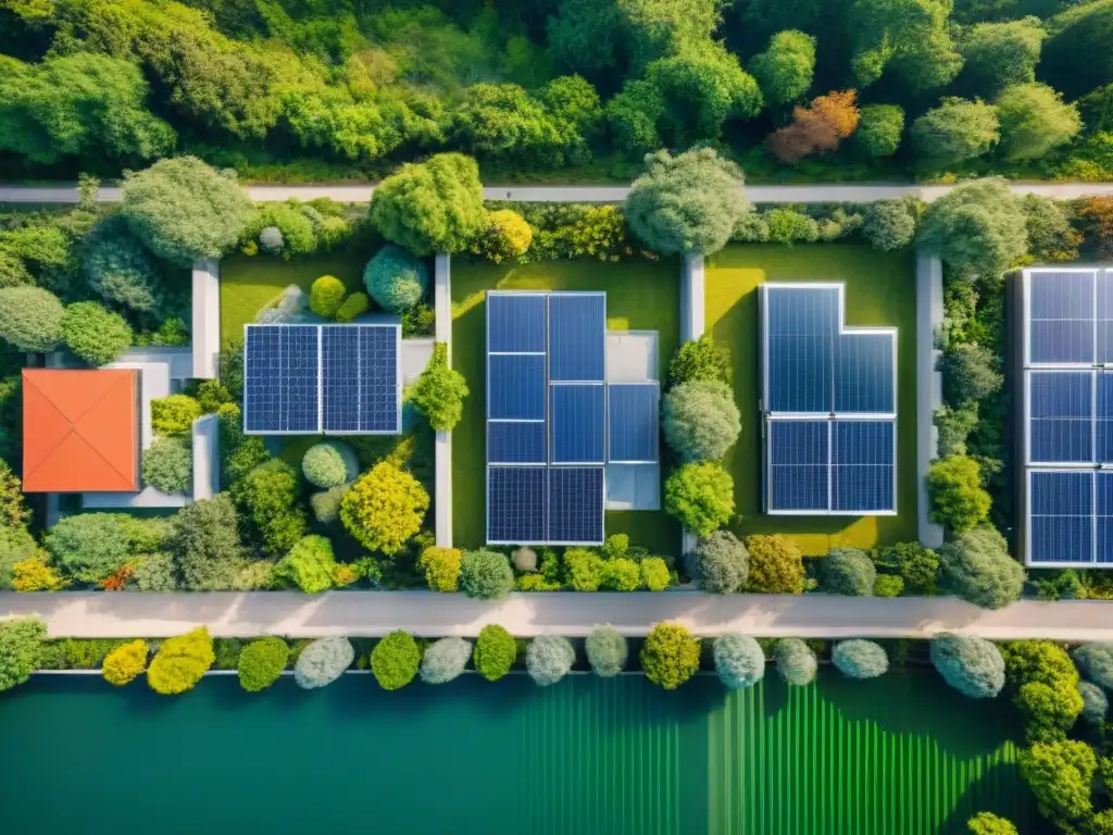 Diseño resiliente arquitectura cambio climático: Vista aérea de un desarrollo de viviendas sostenibles con techos verdes, paneles solares y sistemas de recolección de agua de lluvia, rodeado de vegetación exuberante y ciclovías, mostrando un diseño arquitectónico ecoamigable