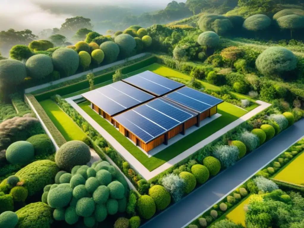 Diseño resiliente arquitectura cambio climático: Complejo ecológico integrado en entorno natural con paneles solares y tejados verdes vibrantes