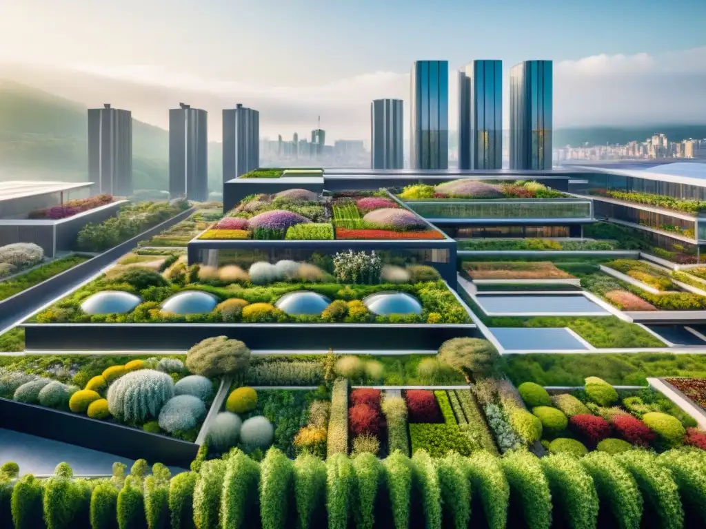 Diseño sostenible en arquitectura: paisaje urbano con edificios verdes, paneles solares y jardines verticales integrados en la ciudad