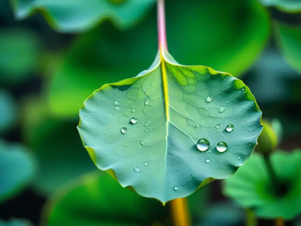 Diseño sostenible con biomímesis: Detalle fascinante de una hoja de loto con gotas de agua, reflejando la naturaleza