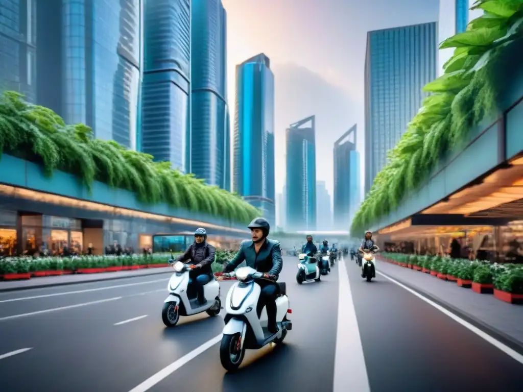 Diseño sostenible en ciudades: movilidad futuro en armonía con scooters, bicicletas y peatones en paisaje urbano futurista