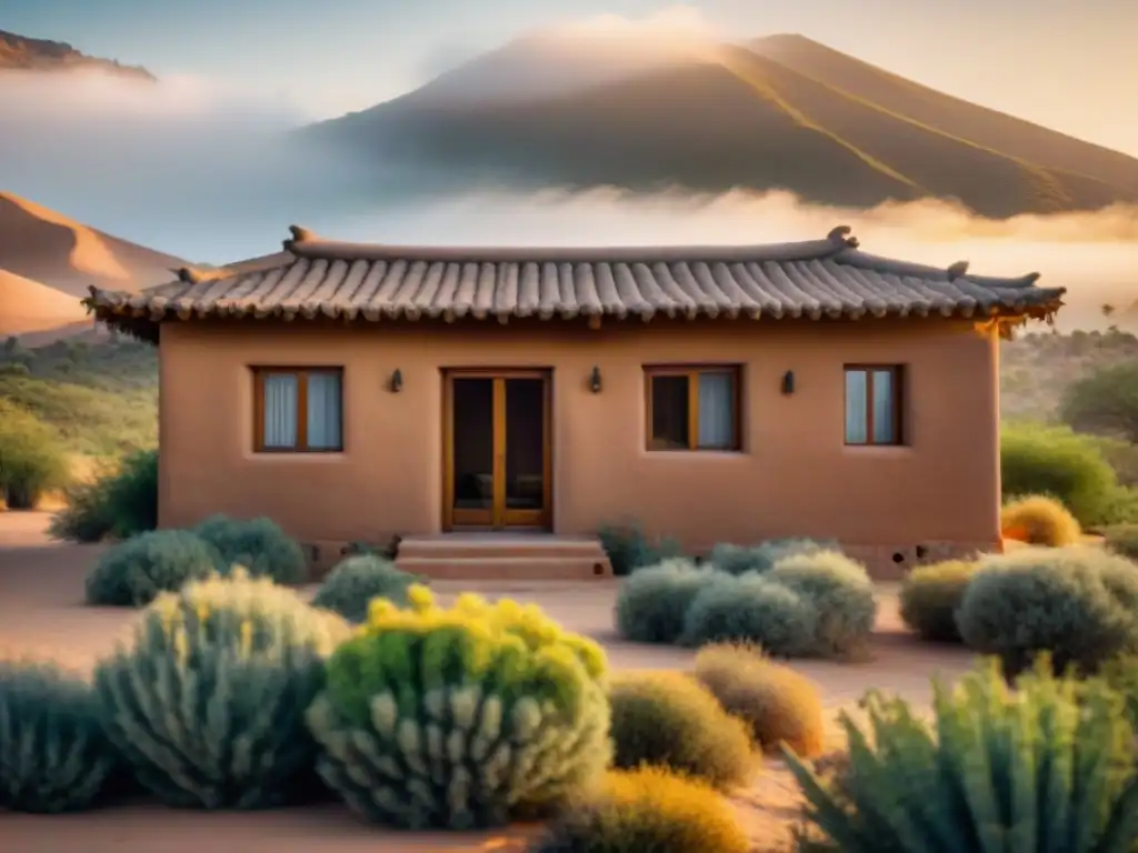 Diseño sostenible enfriamiento pasivo: Casa de adobe en desierto con vegetación, luz dorada al atardecer