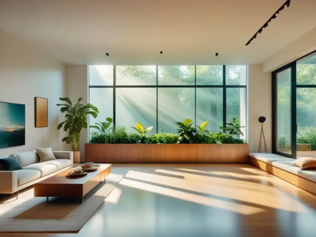 Diseño sostenible aprovechando luz solar: Interior moderno inundado de luz natural, muebles minimalistas y plantas verdes en una sala elegante