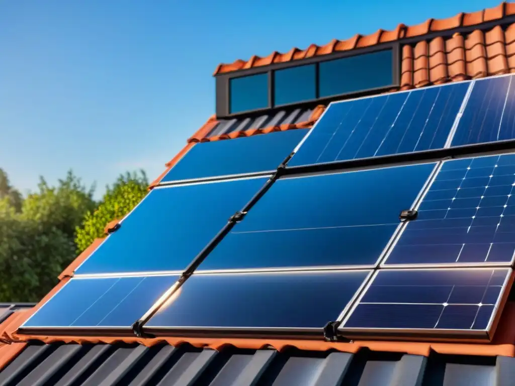 Diseño sostenible de paneles solares integrados en hogar ecoamigable, bajo el sol brillante y cielo azul