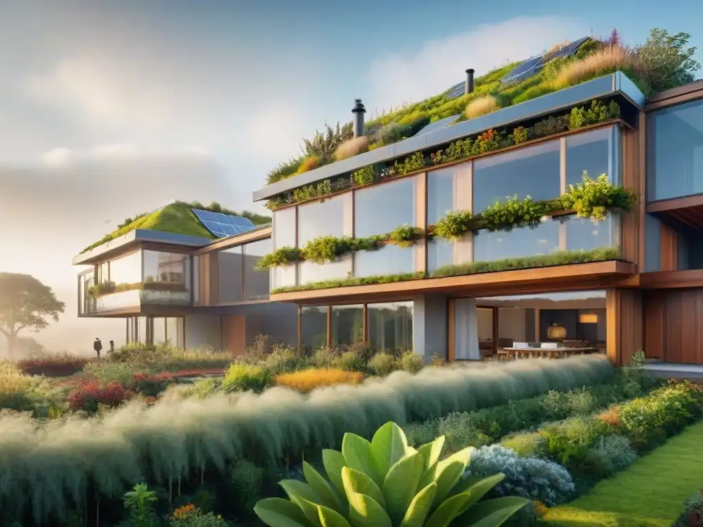 Diseño sostenible con permacultura: Edificio integrado en paisaje de permacultura con techos verdes, paneles solares y jardines