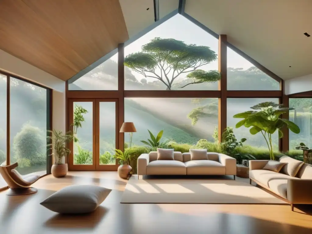 Diseño sostenible con sistemas de ventilación natural en una casa moderna y luminosa, integrando vegetación en interiores