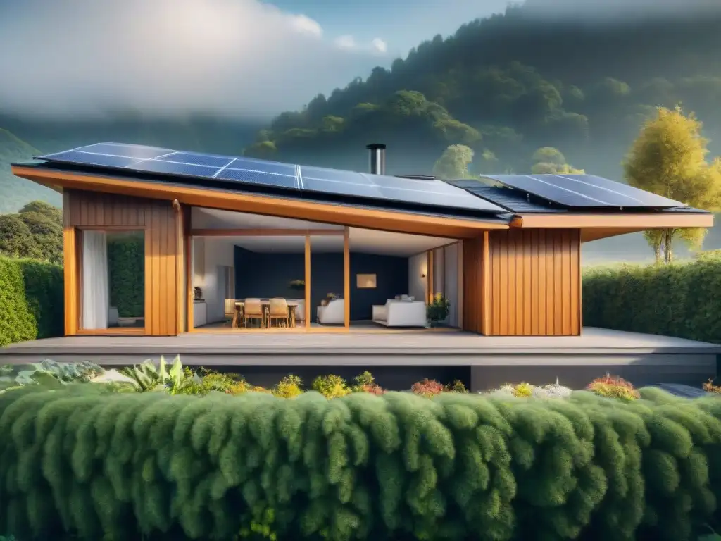 Diseño sostenible de vivienda ecoamigable con paneles solares, muros verdes y áreas de compostaje