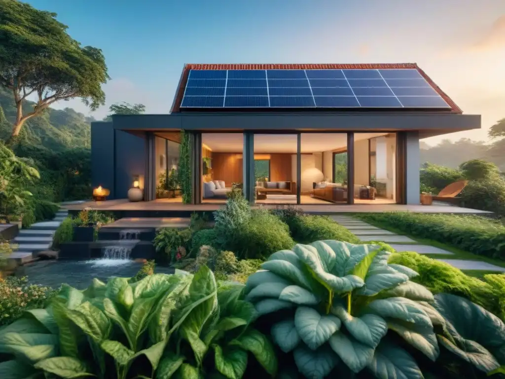 Diseño sostenible de vivienda ecoamigable: casa moderna rodeada de naturaleza, paneles solares, luz natural y jardín variado