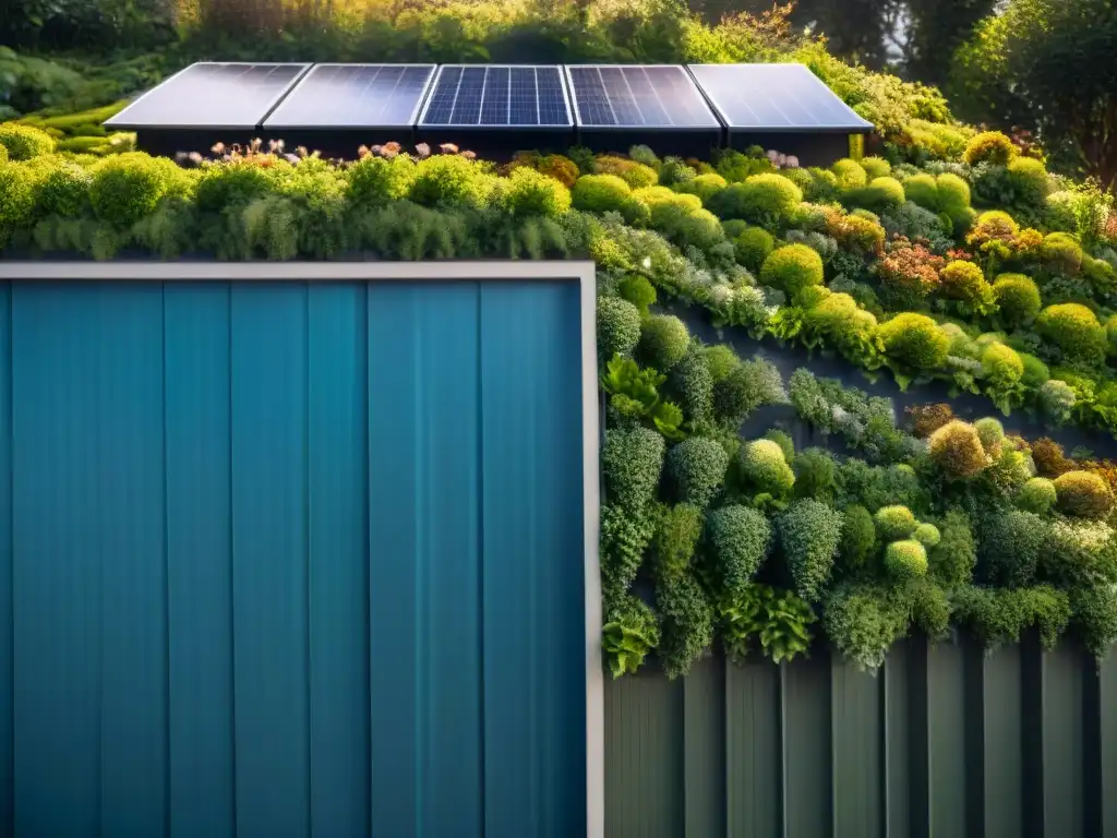 Diseño sostenible vivienda ecoamigable con paneles solares, muros verdes y jardín