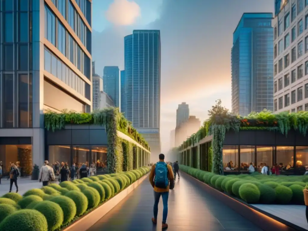 Diseño urbano: integración perfecta de naturaleza en bulliciosa calle de la ciudad al atardecer