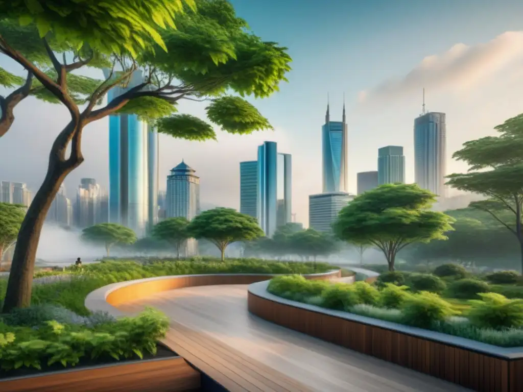 Armonía urbana: naturaleza y diseño en perfecta fusión Un diseño urbano moderno con naturaleza: armonía entre rascacielos y parques verdes, reflejando sostenibilidad y bienestar comunitario