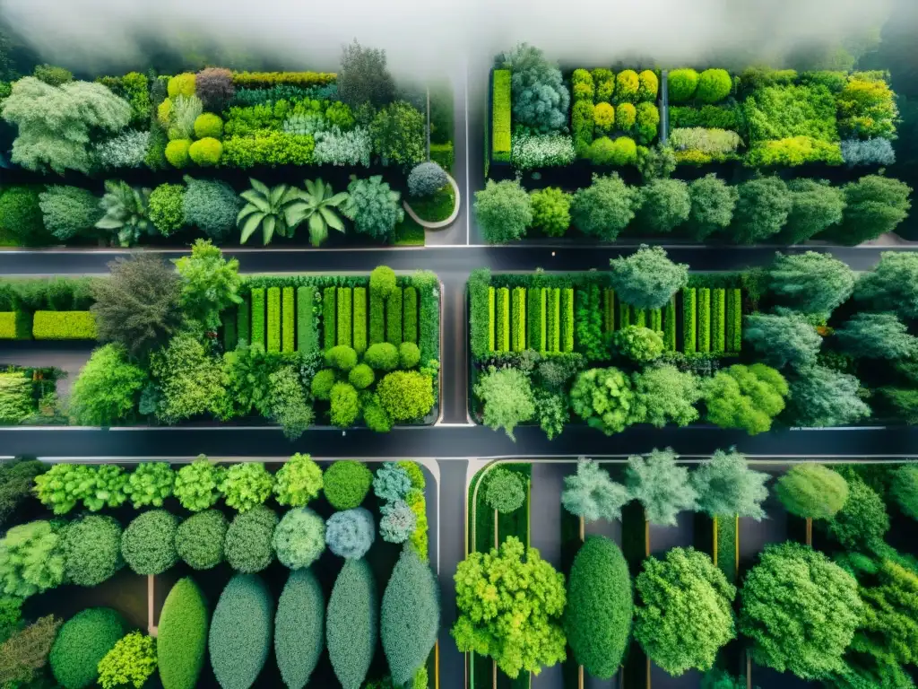 Diseño urbano integración naturaleza: Foto aérea de una ciudad moderna armonizada con zonas verdes y jardines verticales, fomentando la sostenibilidad