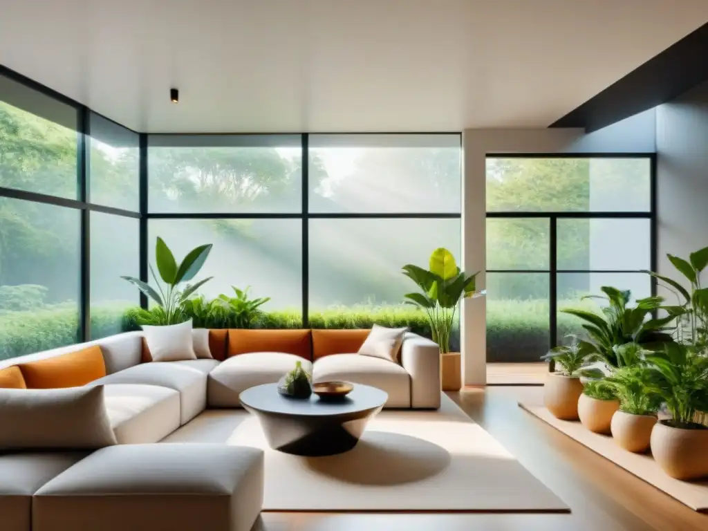 Diseño verde para hogar ecológico con muebles sostenibles, luz natural y plantas purificadoras en tonos terrosos