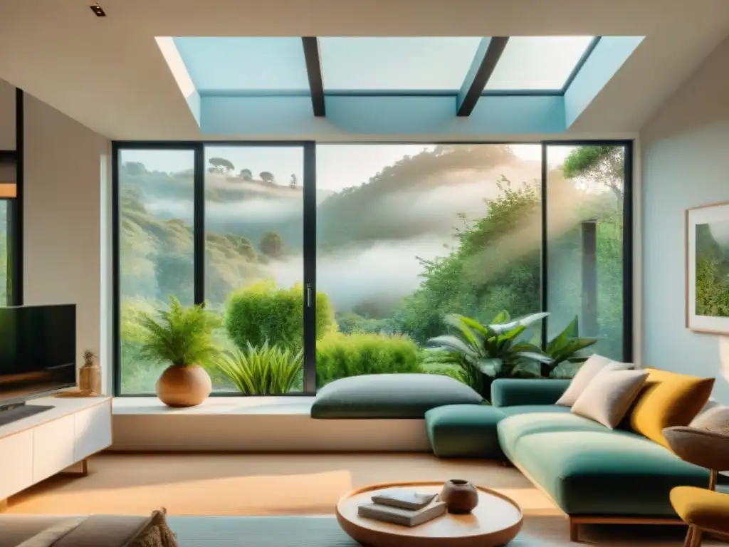 Diseño verde para hogar ecológico con plantas, muebles sostenibles y familia disfrutando de un espacio acogedor y consciente