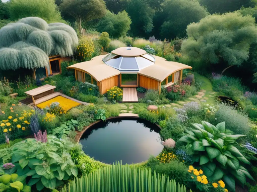 Un diseño ecohabitats permacultura vivienda integrado con la naturaleza: una casa moderna rodeada de un jardín permacultural floreciente