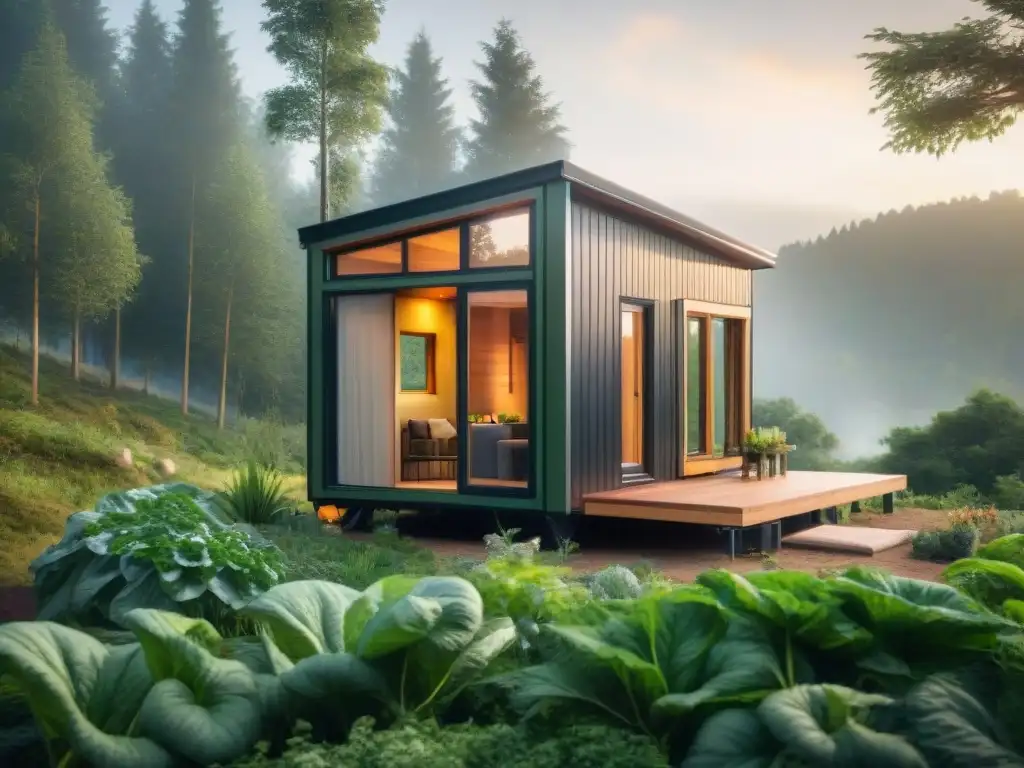 Diseño de viviendas ecológicas compactas: casa en bosque con paneles solares, jardín y armonía con naturaleza