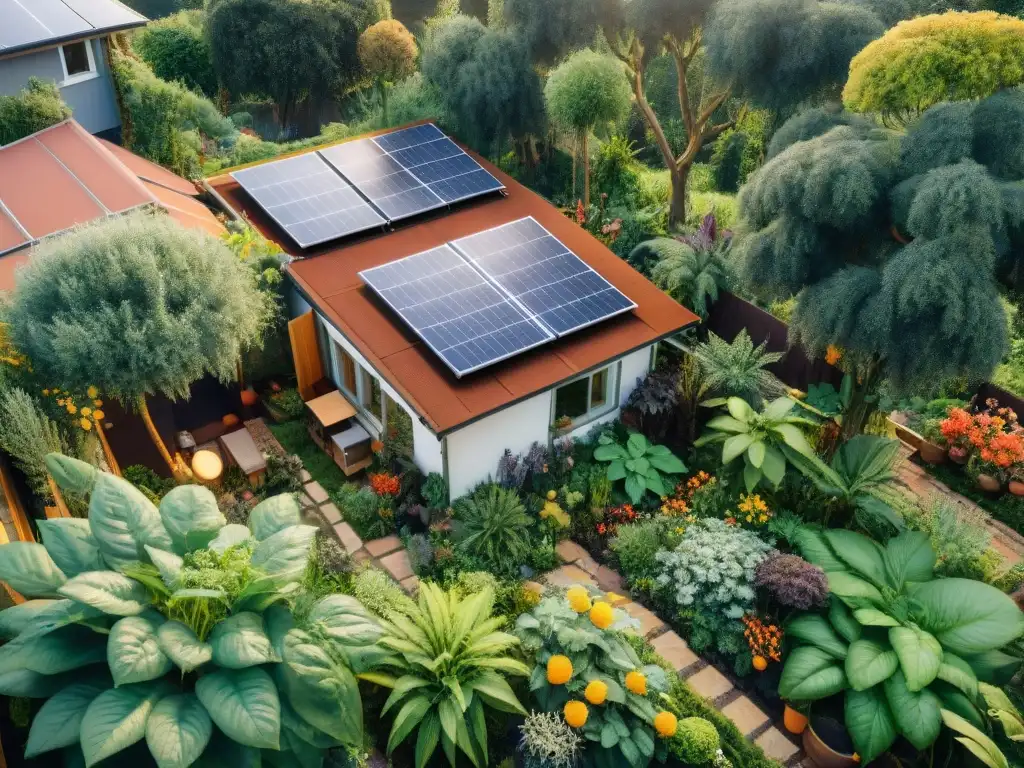 Jardín de permacultura en diseño de viviendas sostenibles con paneles solares, sistema de recolección de agua de lluvia y biodiversidad vibrante