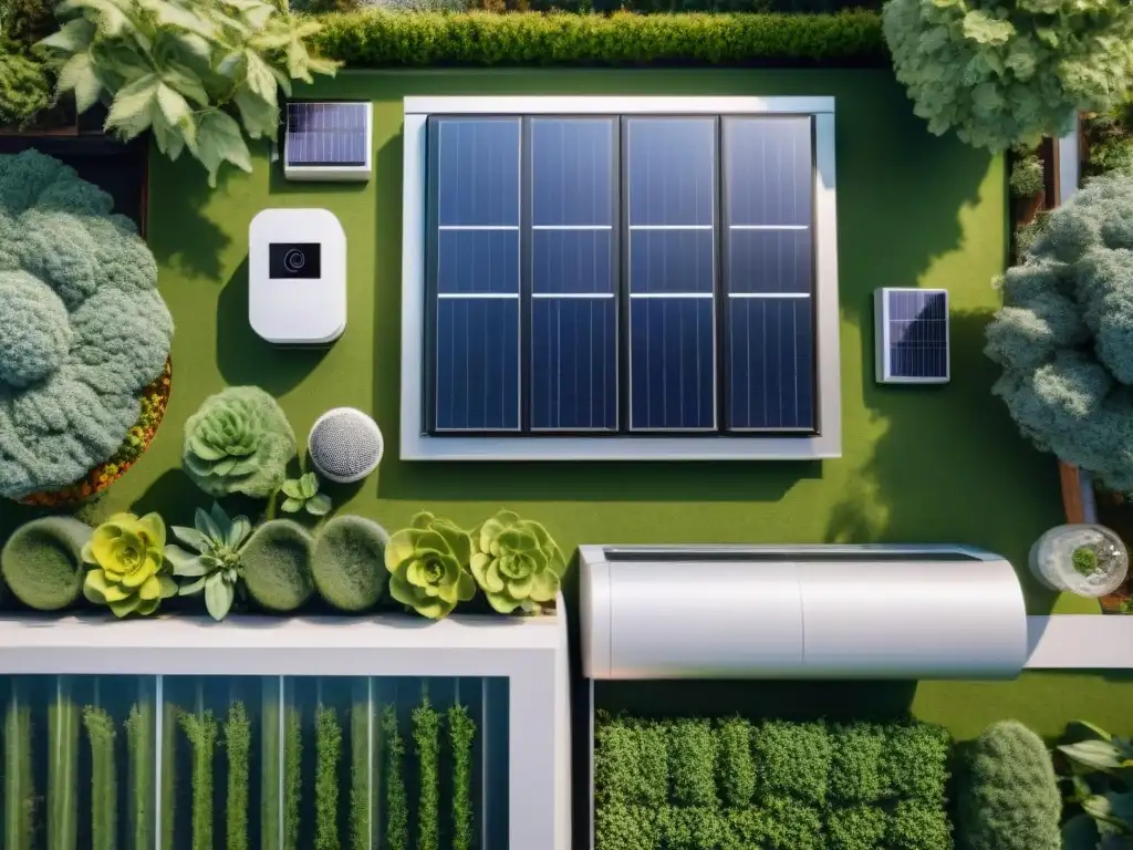 Domótica para vivir eco-friendly: Casa inteligente eco-amigable con paneles solares, jardín verde y tecnología sostenible