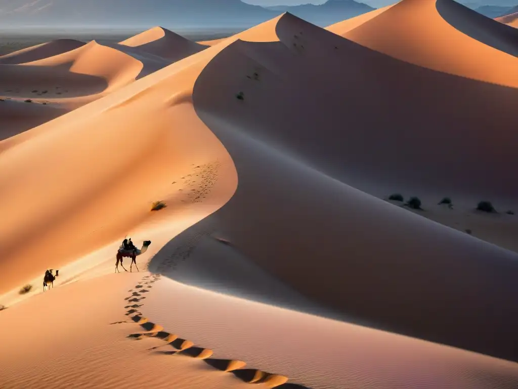 Amanecer dorado en el desierto: campamentos ecológicos desierto sostenible, caravana de camellos y tiendas en la arena