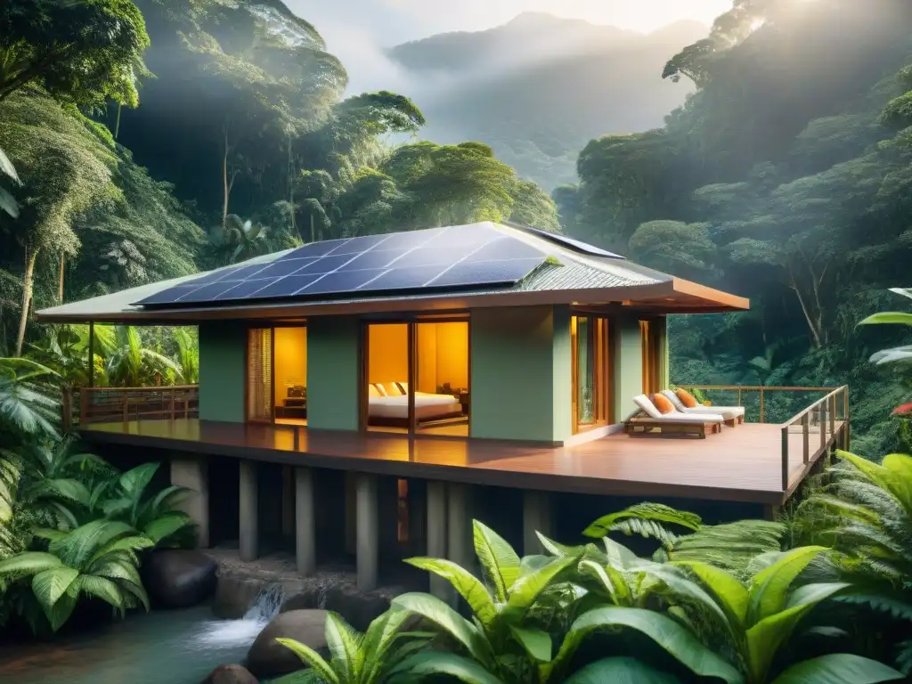 Refugio ecológico en la selva: arquitectura sostenible y biodiversidad Un ecoalojamiento sostenible en la selva con arquitectura innovadora y diseño ecológico