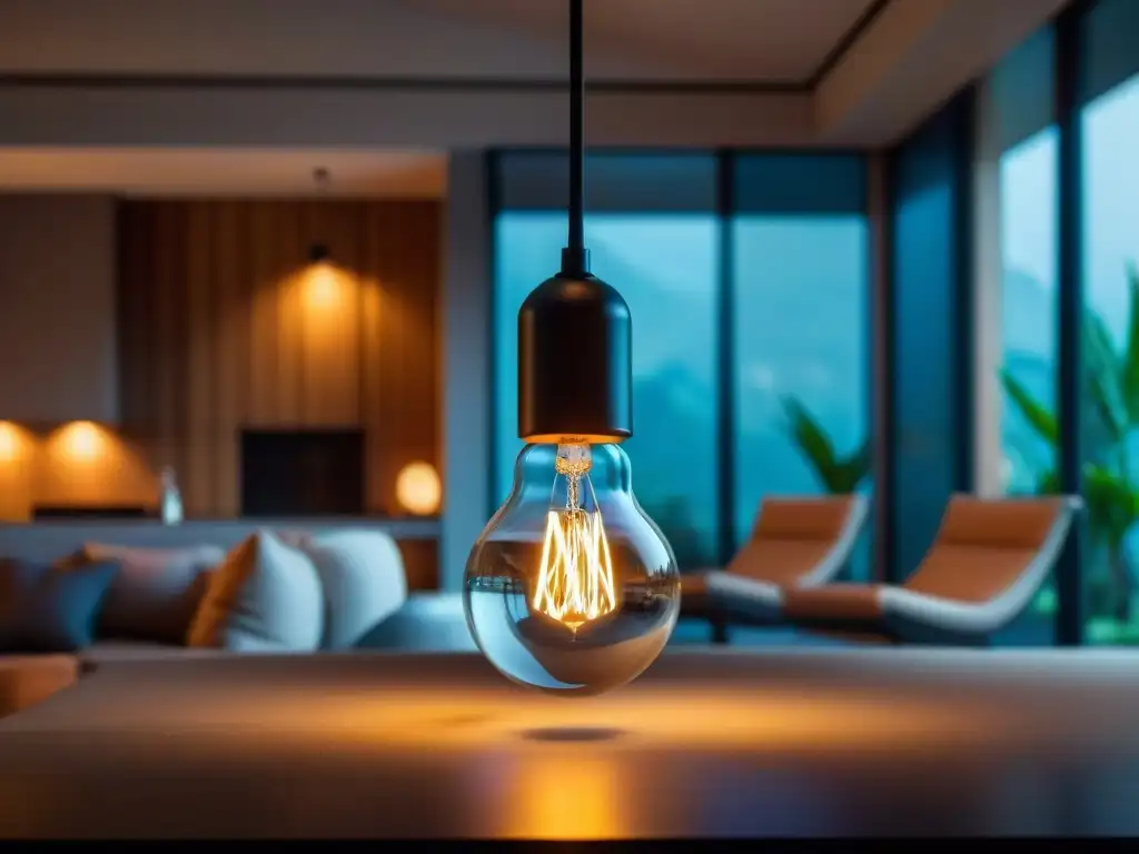 Iluminación ecoamigable en un hogar sostenible con modernas luces LED y lámparas solares, creando un ambiente acogedor y elegante