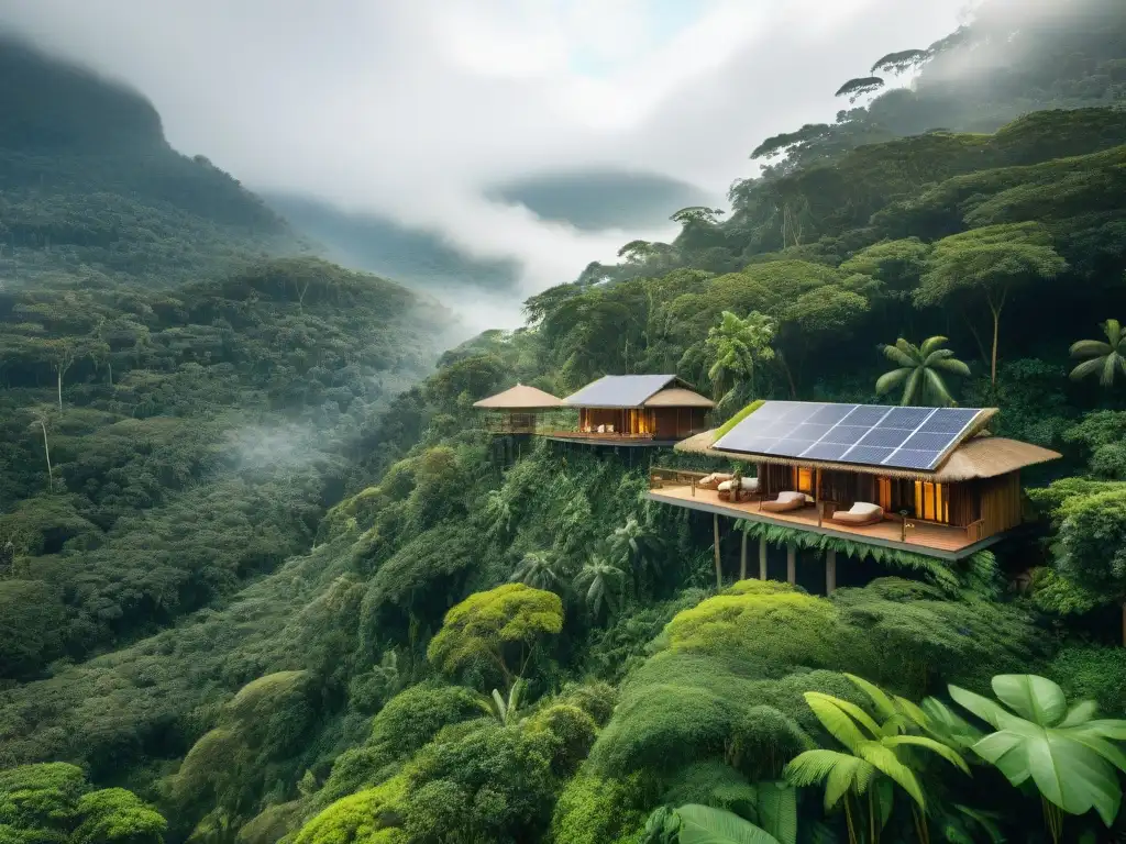 Ecolodge sostenible en selva: arquitectura verde y actividades conservación Un ecolodge sostenible en la selva con arquitectura verde integrada en la naturaleza