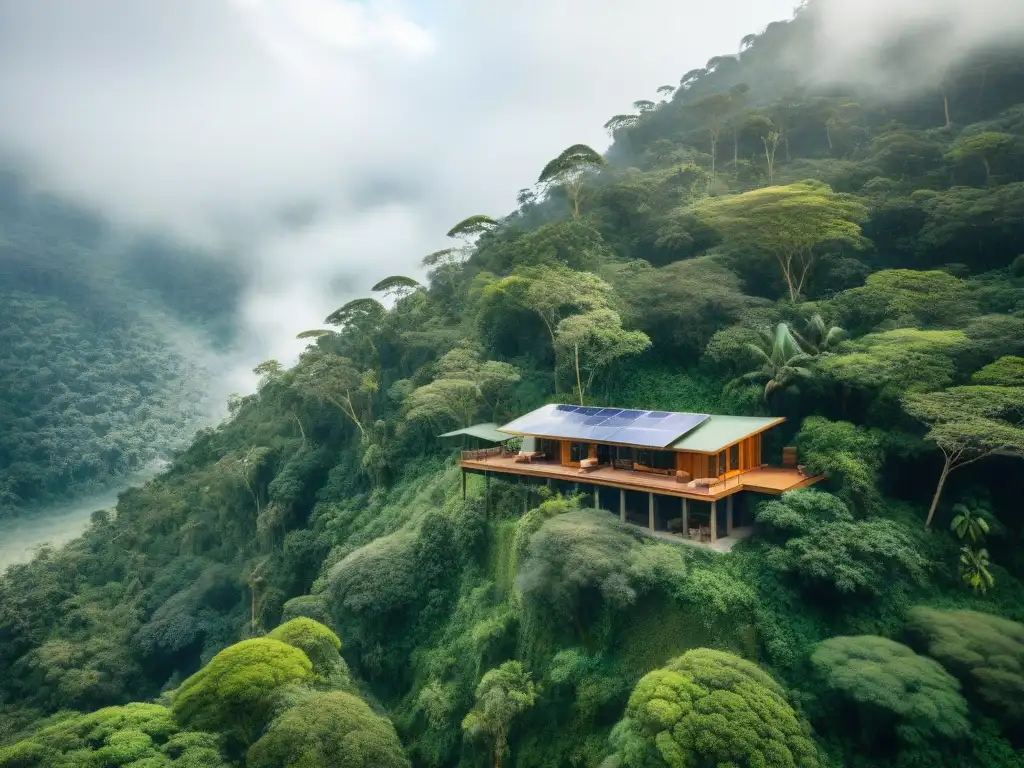 Ecolodge sostenible en la selva: arquitectura innovadora en armonía con la naturaleza Un eco-lodge sostenible en la selva con diseño innovador que se fusiona con el entorno natural