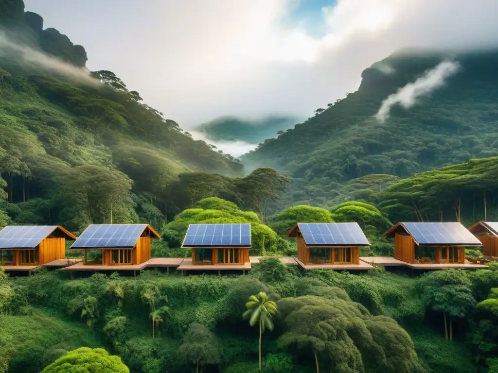 Un ecoresort sostenible en un bosque verde, con arquitectura única integrada en la naturaleza