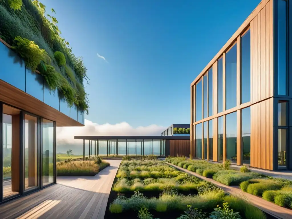 Un edificio certificado LEED o BREEAM con infraestructura verde detallada, resaltando la armonía entre arquitectura moderna y naturaleza